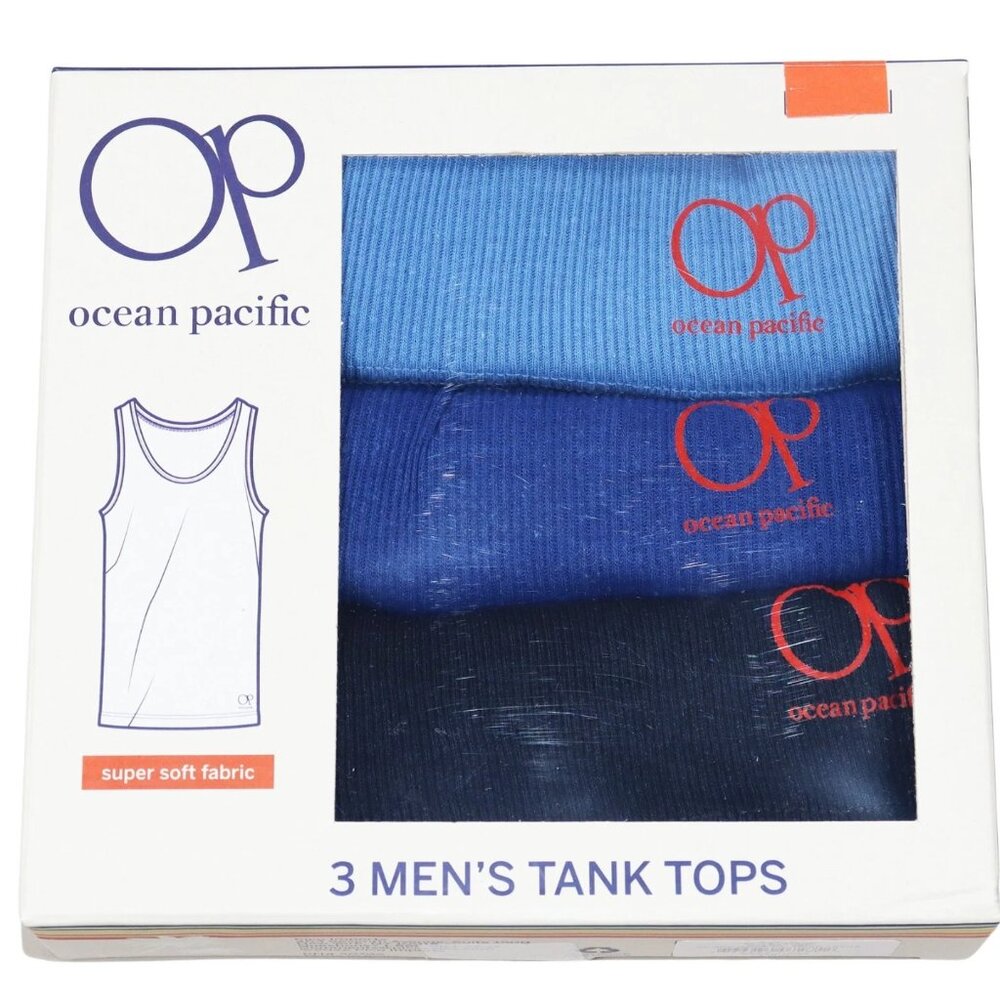 OP Ocean Pacific 3-Pack Asst Colors Ribbed Tagless Logo Hem Men's Tank Tops NIB